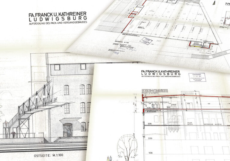 Collage historischer Baupläne der Fa. Franck u. Kathreiner in Ludwigsburg, mit Grundriss, Schnitt und Ostansicht zur Aufstockung des Pack- und Versandgebäudes.