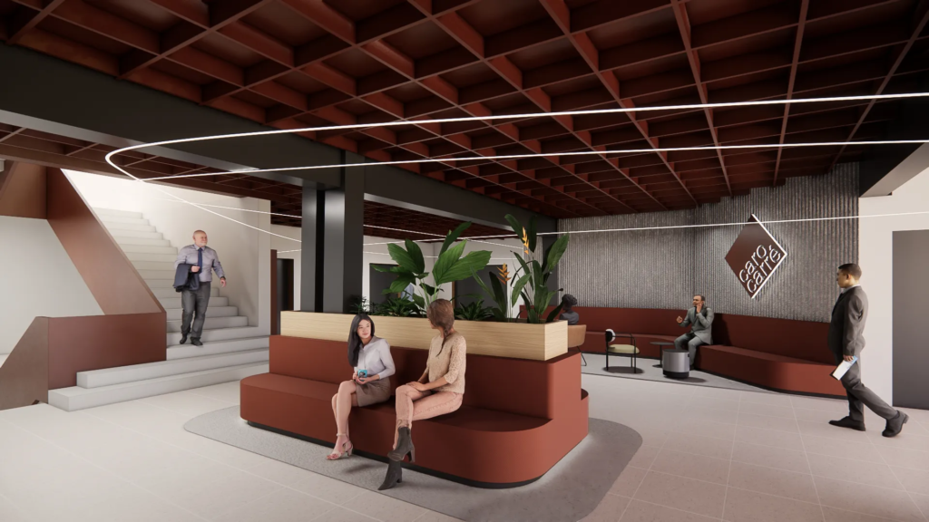 Modern gestalteter Eingangs- und Lounge-Bereich mit Sitzgelegenheiten, Pflanzen und Menschen in Businesskleidung, im Hintergrund eine Treppe und Wanddekoration mit der Aufschrift Caro Carré.
