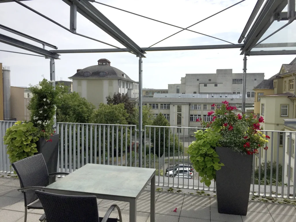 Dachterrasse mit Tisch und Stühlen, flankiert von großen Blumentöpfen mit roten und weißen Blüten, im Hintergrund Blick auf Bäume und umliegende Gebäude.
