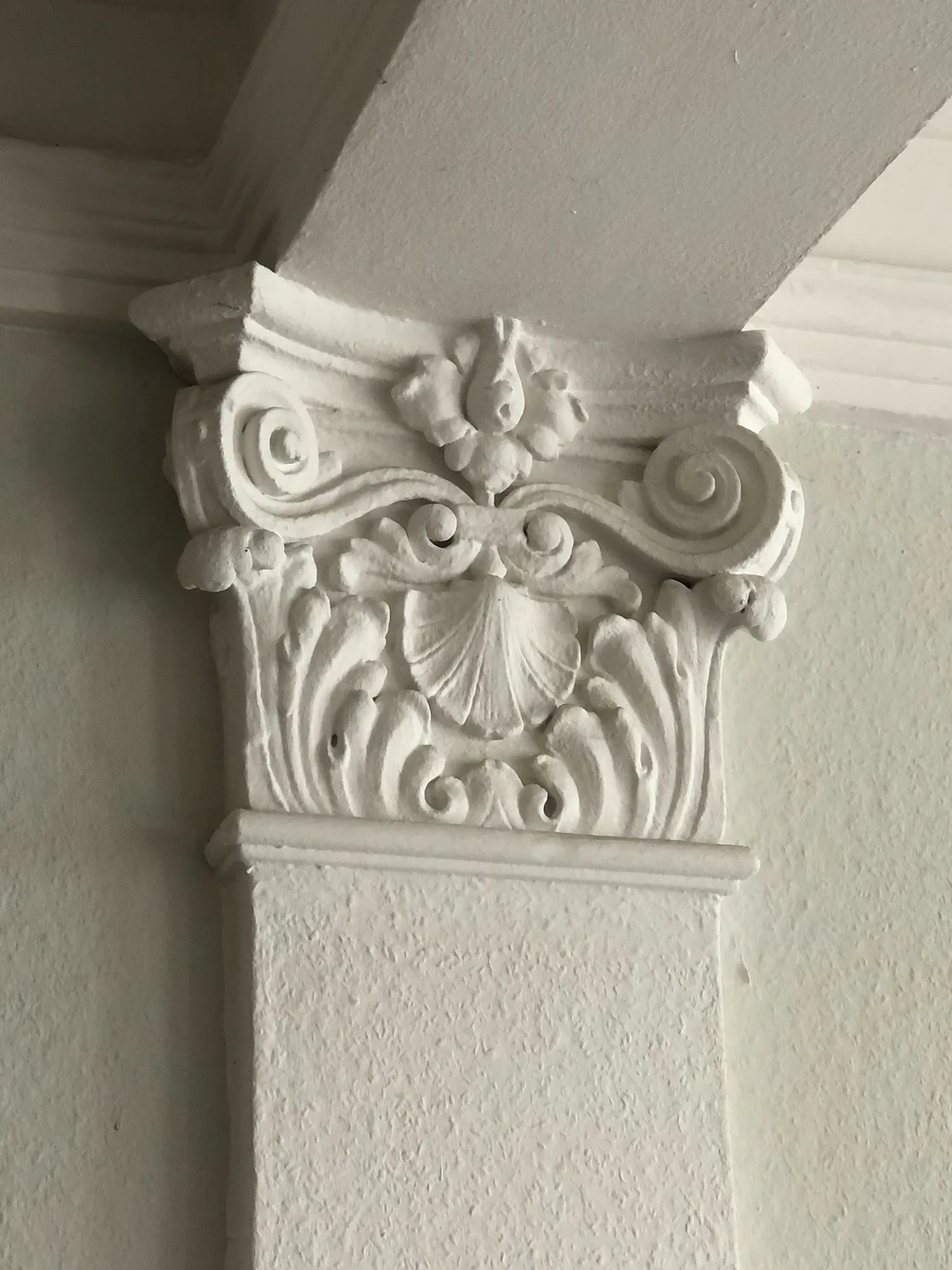 Detailaufnahme eines weißen, verzierten Kapitells mit floralen Ornamenten, Voluten und einer zentralen Muschelform.