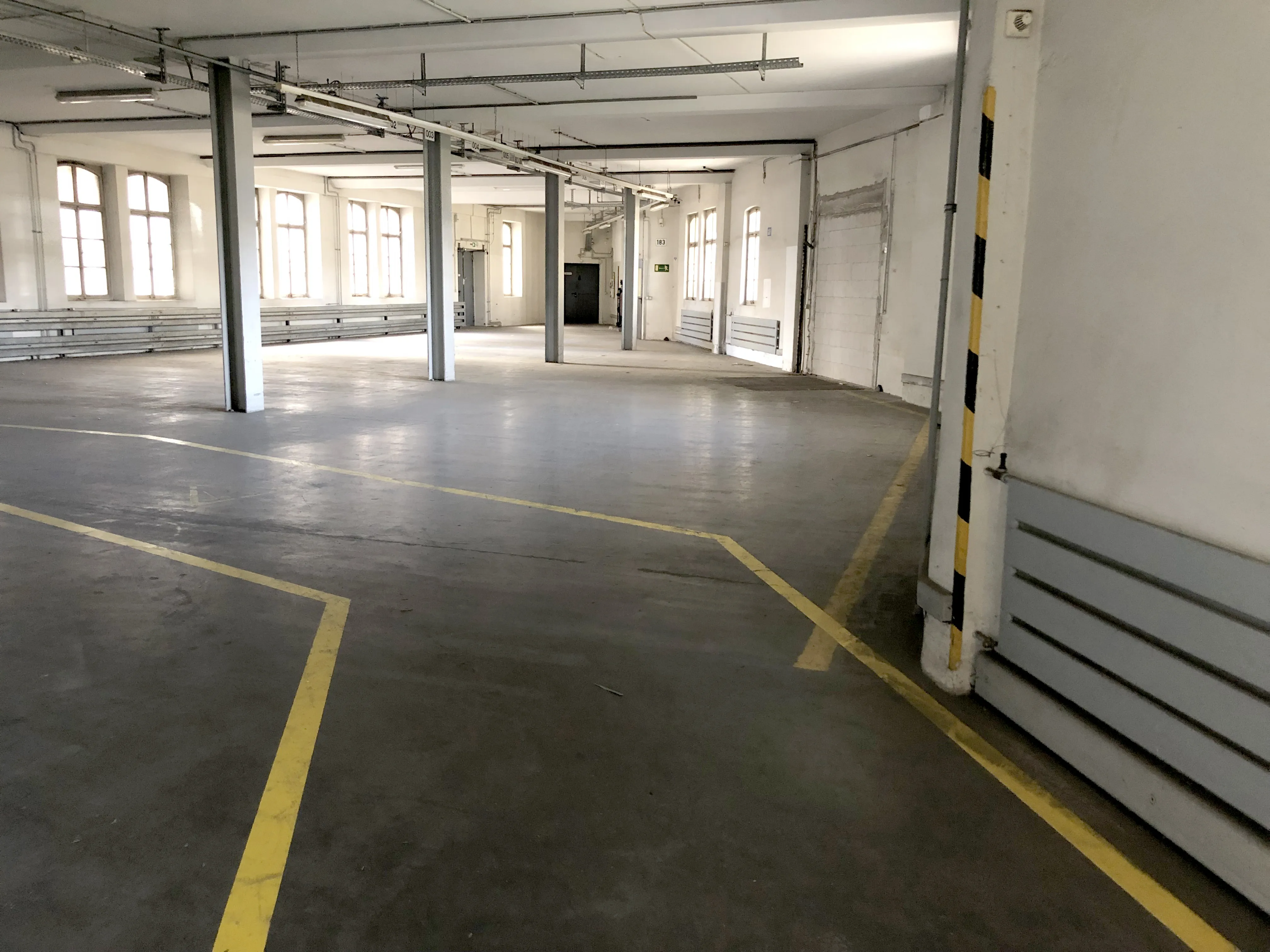 Leere Industriehalle mit Betonboden, gelben Markierungslinien und mehreren Stahlstützen, helle Fenster auf der linken Seite lassen Tageslicht herein.